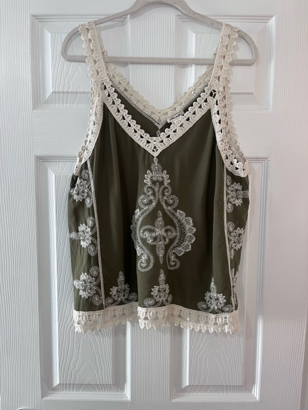 Ultra Pink Olive Green Camisole with Cream Crochet Trim and White Embroidery